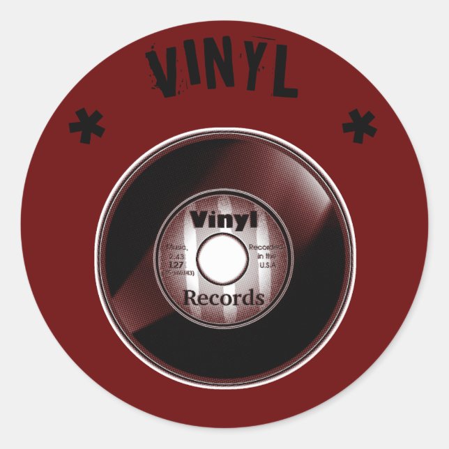 Adesivo Redondo Registro VINYL 45 RPM, preto e vermelho (Frente)