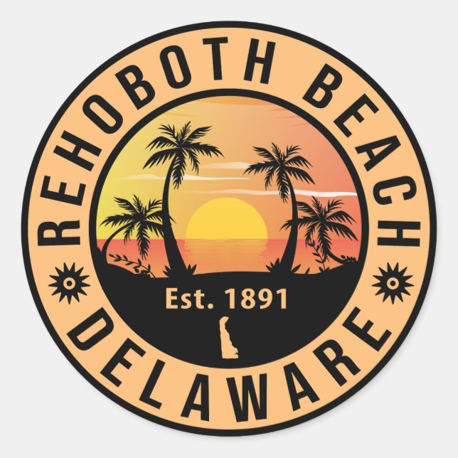 Adesivo Redondo Rehoboth Beach Delaware Retro Sunset Souvenirs 70s (Frente)