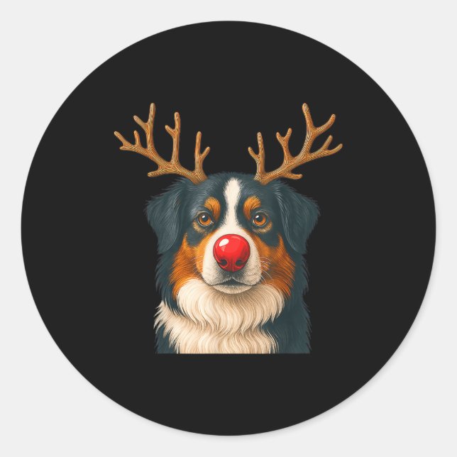 Adesivo Redondo Reindeer Australian Shepherd Christmas Aussie Dog  (Frente)