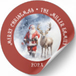Adesivo Redondo Reindeer de Papais noeis Vintage Personalizado<br><div class="desc">Este ornamento no tema do Natal apresenta Papais noeis de vintagem com renas e texto personalizável é um ornamento perfeito para qualquer árvore de Natal. Você pode facilmente mudar seu nome de família e o ano para tornar este ornamento único seu.</div>