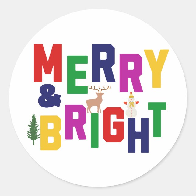 Adesivo Redondo Reindeer feliz e pinheiro brilhante Snowman (Frente)