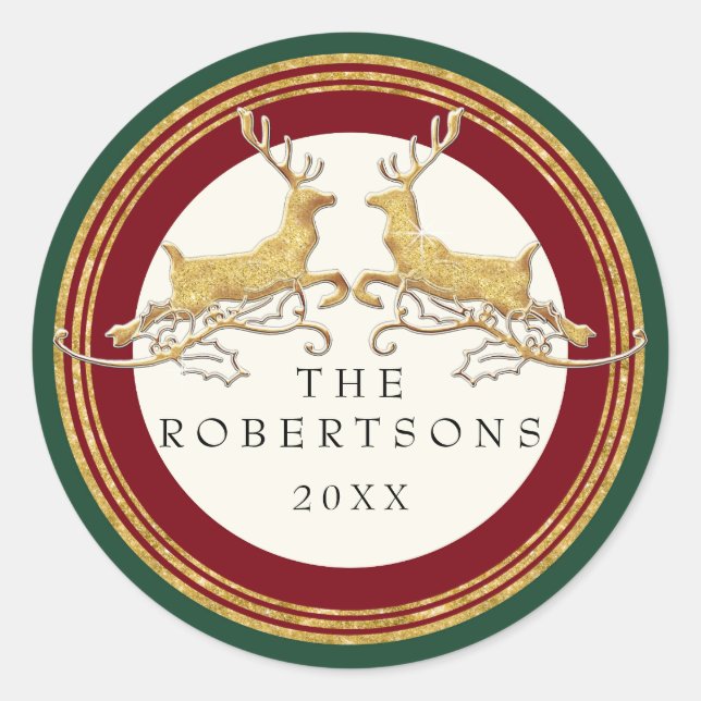 Adesivo Redondo Reindeer Moderno Glitter Dourado Faux Personalizad (Frente)