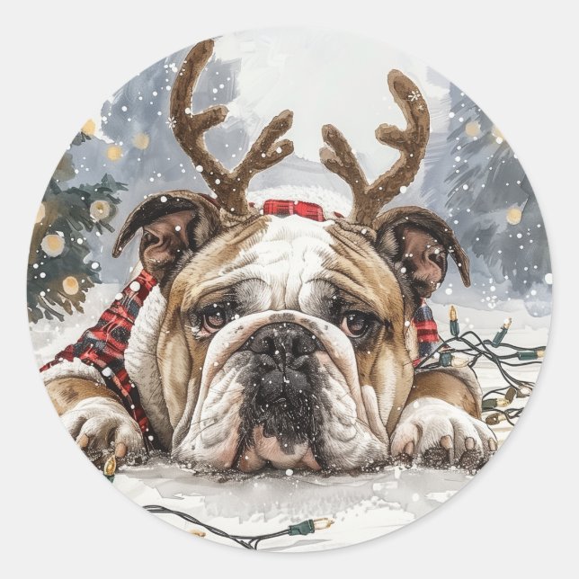 Adesivo Redondo Reindeer para Bulldog em Inglês de Natal (Frente)