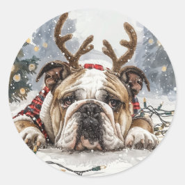 Adesivo Redondo Reindeer para Bulldog em Inglês de Natal