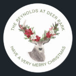 Adesivo Redondo Reindeer, Poinsettia Christmas<br><div class="desc">Esta design apresenta uma ilustração da cabeça de Reindeer com poinsetos natalinos.</div>