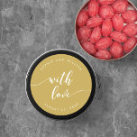 Adesivo Redondo Relaxar Script Com Casamento De Cores Editável Com<br><div class="desc">O adesivo de favor de casamento com as palavras "com amor" em um texto cursivo relaxado em branco contra uma cor de fundo editável (clique em personalizar para acessar). Personalize-o substituindo o texto do marcador de posição. Para obter mais opções, como alterar a fonte e seu tamanho/cor, expanda a curva/contrato...</div>