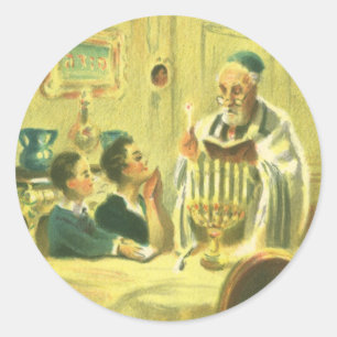Adesivo Redondo Religião Vintage, Judaísmo, Acendendo a Menorá