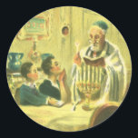 Adesivo Redondo Religião Vintage, Judaísmo, Iluminando a Menorah<br><div class="desc">Ilustração vinda da judaica religiosa apresentando um Rabbi iluminando as velas em um Menorah durante Chanucá com duas crianças assistindo.</div>