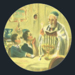 Adesivo Redondo Religião Vintage, Judaísmo, Iluminando a Menorah<br><div class="desc">Ilustração vinda da judaica religiosa apresentando um Rabbi iluminando as velas em um Menorah durante Chanucá com duas crianças assistindo.</div>