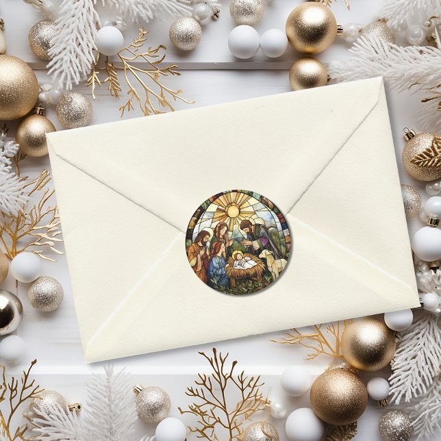 Adesivo Redondo Religious Stained Glass Nativity Holiday (Religious Stained Glass Nativity Holiday Classic Round Sticker)