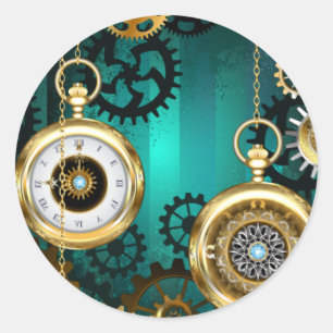 Adesivo Redondo Relógio de Joia Steampunk em um Fundo Verde