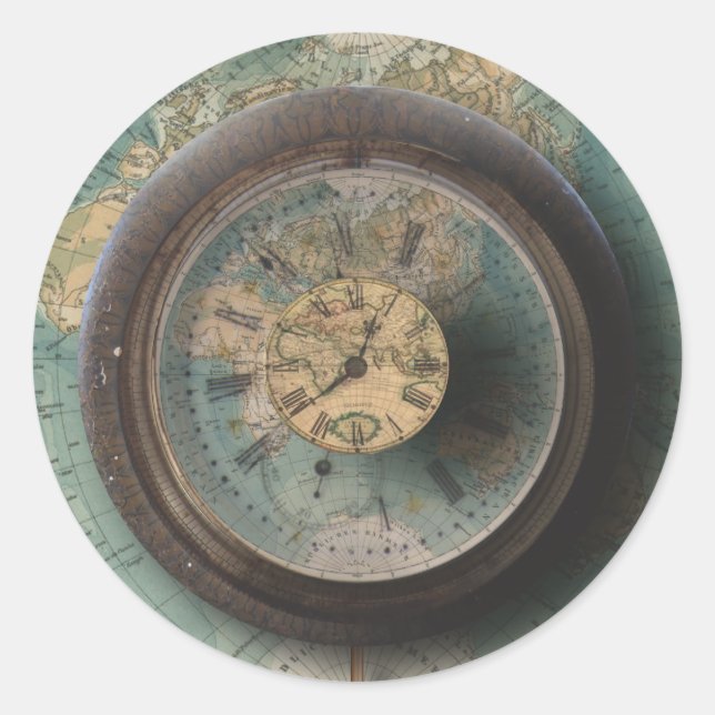 Adesivo Redondo Relógios Steampunk do Mapa Mundial de Timepece (Frente)