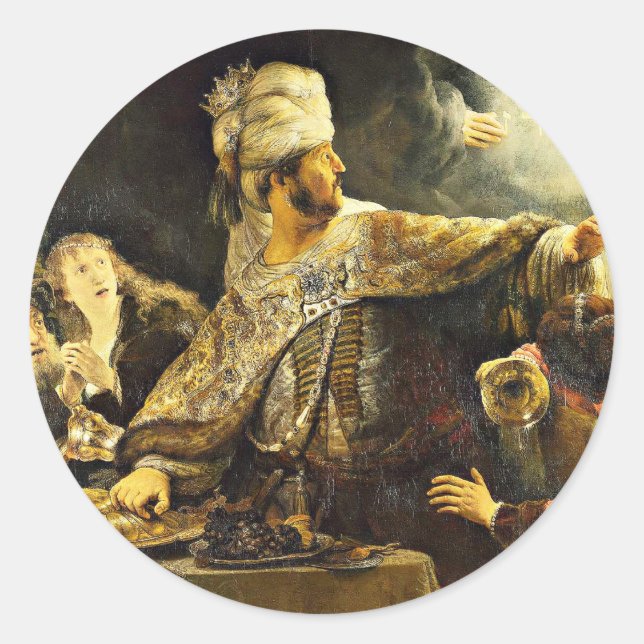 Adesivo Redondo Rembrandt's painting, Belshazzar's Feast, (Frente)