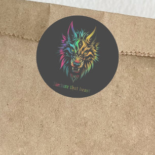 Adesivo Redondo Remendo de Lobo Tribal – "Nutra Essa Fera"