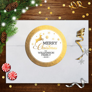 Adesivo Redondo Rena de Folha de Ouro Feliz Natal