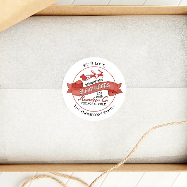 Adesivo Redondo Renascença Rena Veado Natal Vermelho Personalizado (Christmas gift label with vintage Santa Claus design. )