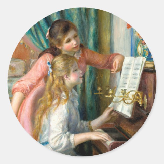 Adesivo Redondo Renoir Girls no Piano Impressionismo Pintura (Frente)