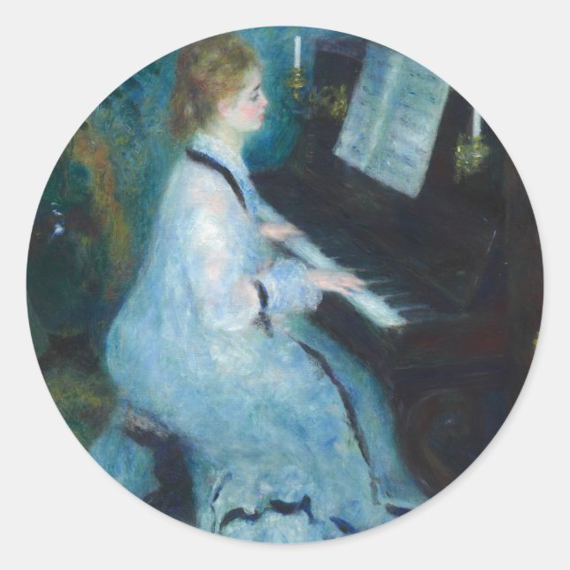 Adesivo Redondo Renoir Mulher Impressionista do Piano Vintage (Frente)