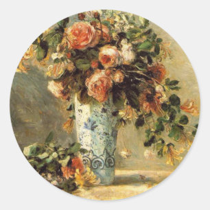 Adesivo Redondo Renoir Rosas e Jasmine em um Delft Vase