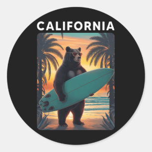 Adesivo Redondo República Califórnia Legal Urso Surfando Praia Cal