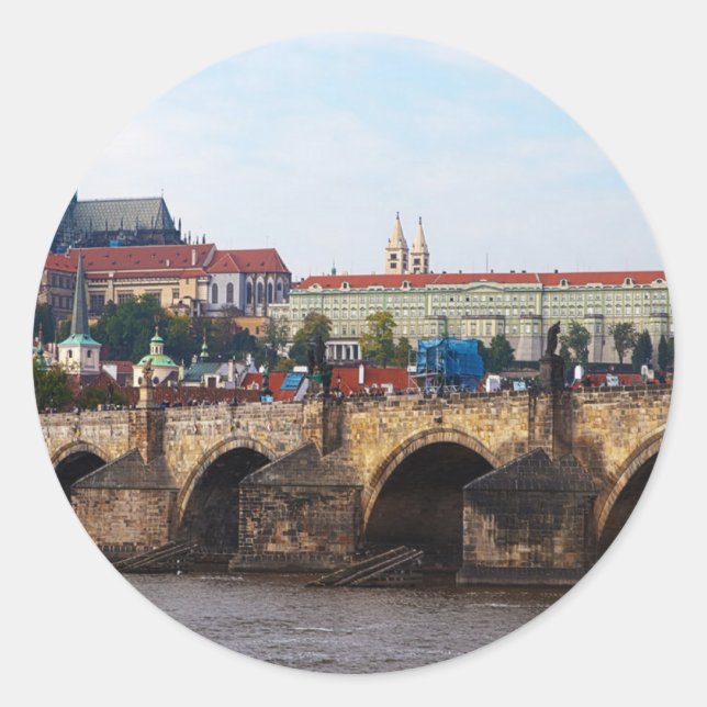Adesivo Redondo República Checa - Castelo de Praga e Ponte Charles (Frente)