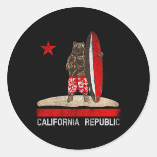 Adesivo Redondo República da Califórnia Estado Surfista Urso Surfa
