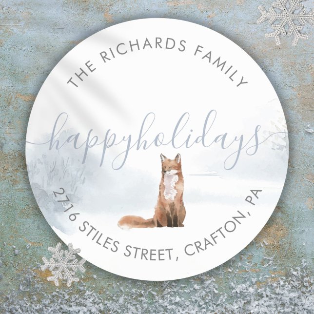 Adesivo Redondo Resgate Morada Férias Felizes Fox de inverno (Return Address Happy Holidays Winter Fox Classic Round Sticker)