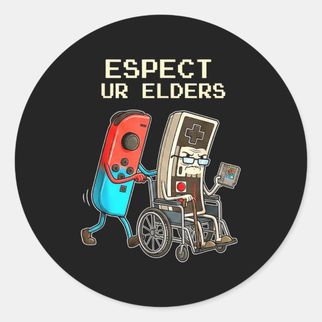 Adesivo Redondo Respect Ur Elders Retro Gaming Controller Funny  (Frente)