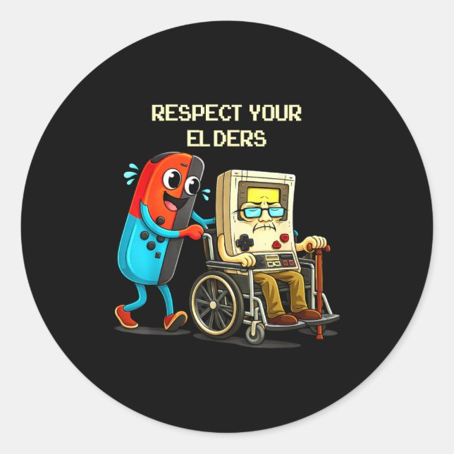 Adesivo Redondo Respect Your Elders Funny Retro Gaming  (Frente)
