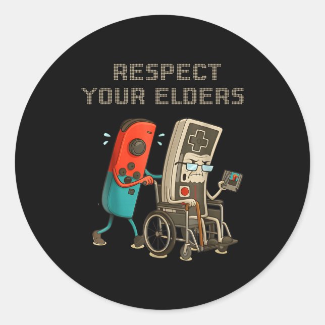 Adesivo Redondo Respect Your Elders Funny Retro Gaming Clic Consol (Frente)