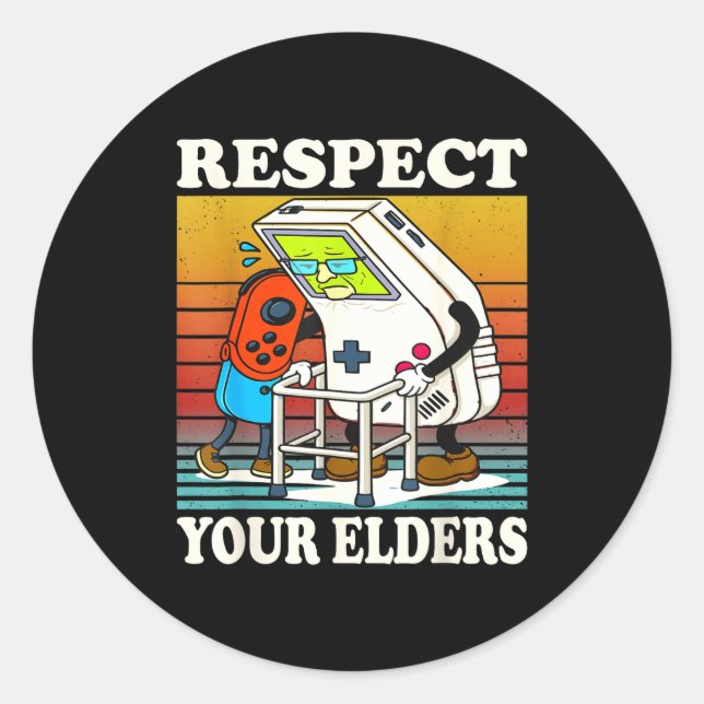 Adesivo Redondo Respect Your Elders Gaming Control 80s Retro Funny (Frente)
