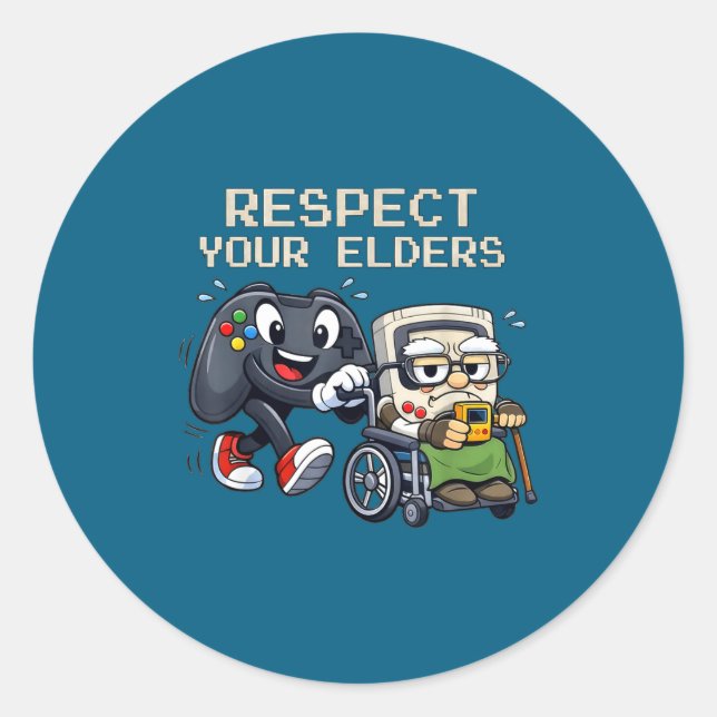 Adesivo Redondo Respect Your Elders Gaming Control Retro Funny Gam (Frente)