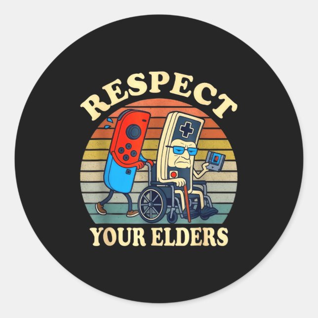Adesivo Redondo Respect Your Elders Gaming Control Retro Funny Gam (Frente)