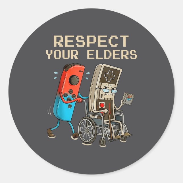 Adesivo Redondo Respect Your Elders Retro Gaming Controller Funny  (Frente)