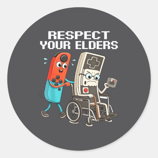 Adesivo Redondo Respect Your Elders Retro Gaming Funny Controller  (Frente)