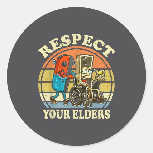 Adesivo Redondo Respect Your Elders Retro Gaming Funny Controller  (Frente)
