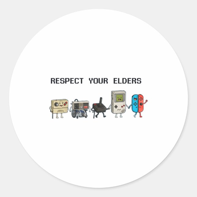 Adesivo Redondo Respect Your Elders Retro Gaming Funny Gamer Contr (Frente)