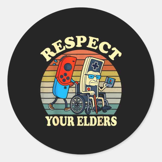Adesivo Redondo Respect Your Elders Retro Gaming Funny Gamer Contr (Frente)