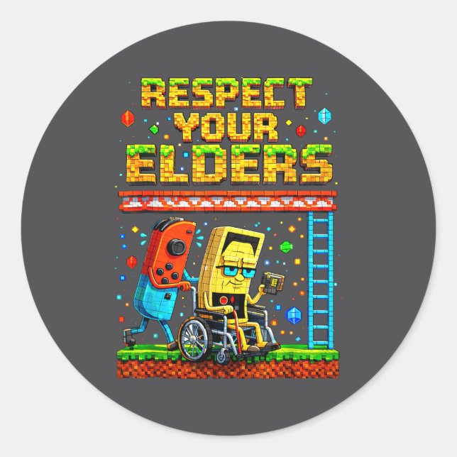 Adesivo Redondo Respect Your Elders Retro Gaming Funny Gamer Contr (Frente)