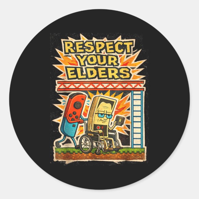 Adesivo Redondo Respect Your Elders Retro Gaming Funny Gamer Contr (Frente)
