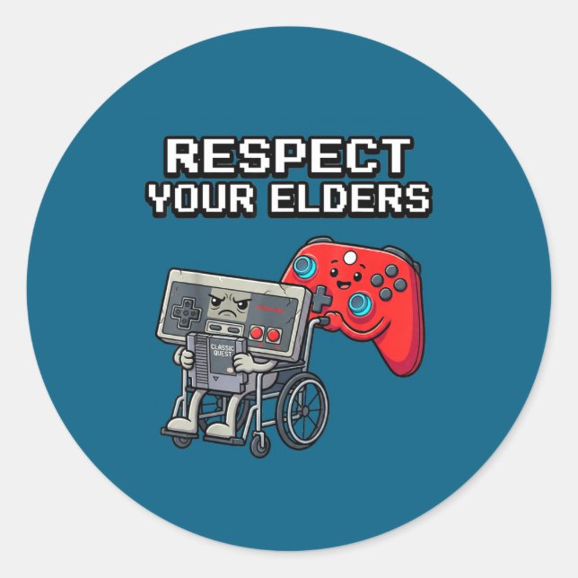 Adesivo Redondo Respect Your Elders Retro Gaming Funny Gamer Contr (Frente)