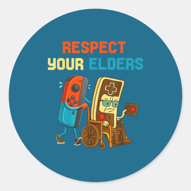 Adesivo Redondo Respect Your Elders Retro Gaming Funny Gamer Contr (Frente)