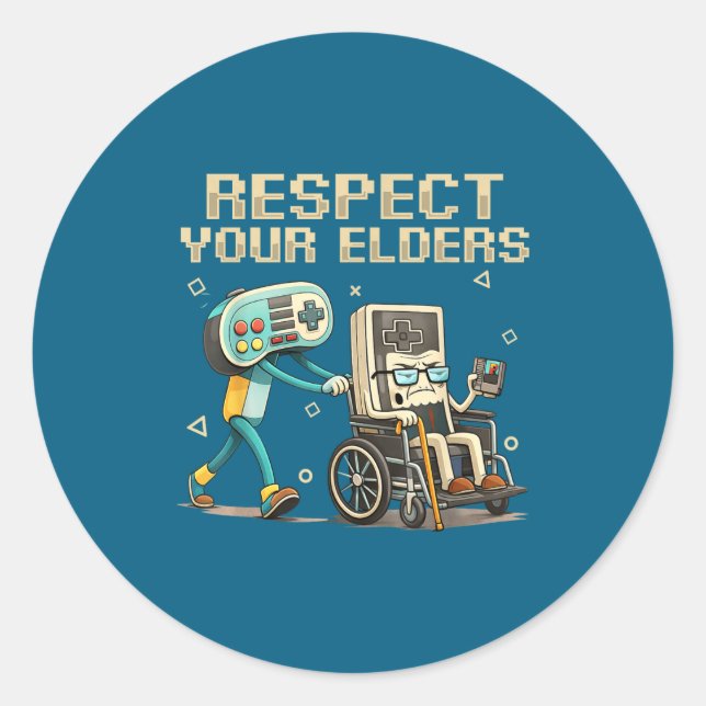 Adesivo Redondo Respect Your Elders Retro Gaming Funny Gamer Contr (Frente)