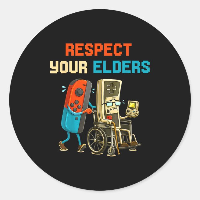 Adesivo Redondo Respect Your Elders Retro Gaming Funny Gamer Contr (Frente)