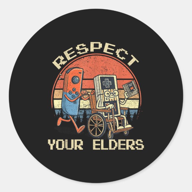 Adesivo Redondo Respect Your Elders Retro Gaming Funny Gamer Contr (Frente)