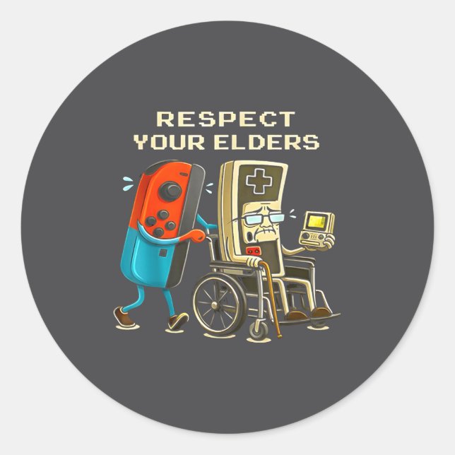 Adesivo Redondo Respect Your Elders Retro Gaming Funny Gamer Contr (Frente)