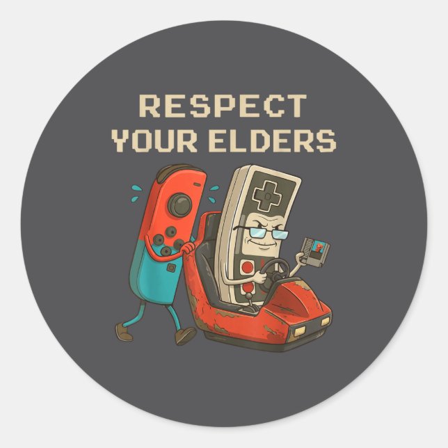 Adesivo Redondo Respect Your Elders Retro Gaming Funny Gamer Contr (Frente)