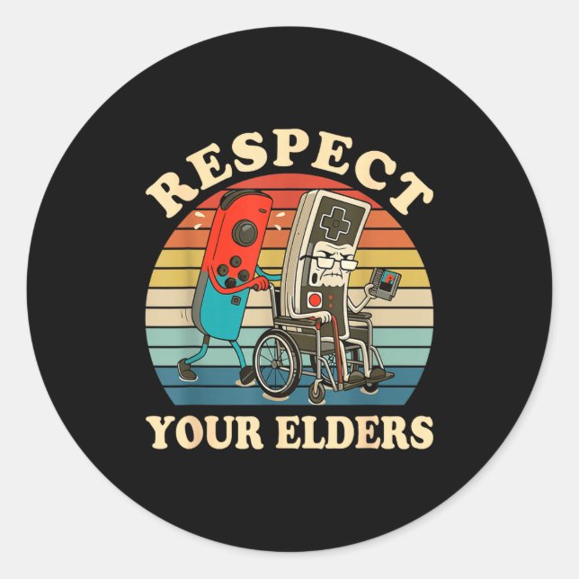 Adesivo Redondo Respect Your Elders Retro Gaming Funny Gamer Contr (Frente)