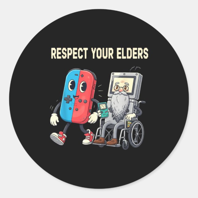 Adesivo Redondo Respect Your Elders Retro Gaming Funny Gamer Contr (Frente)