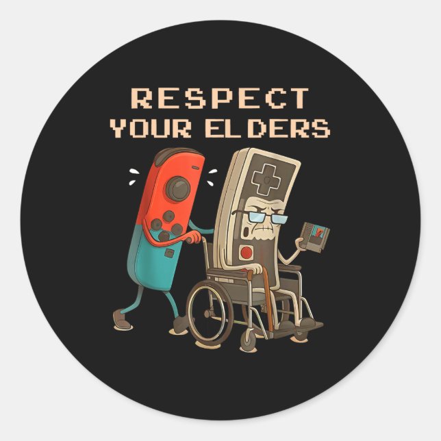 Adesivo Redondo Respect Your Elders Retro Gaming Funny Gamer Contr (Frente)